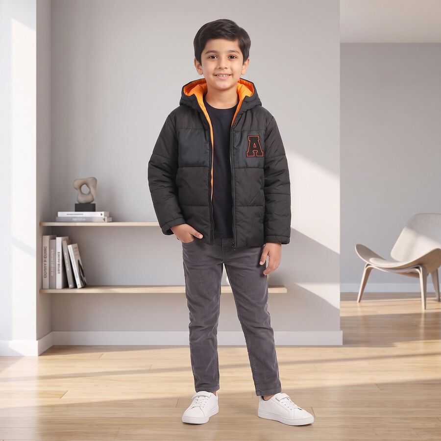 Boys Black Hooded Puffer Jacket, Black, large