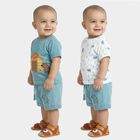 Infants' Blue Cotton Round Neck Cartoon Printed Baba Suit, Teal Blue, small