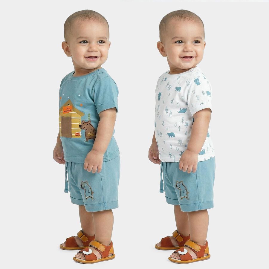 Infants' Blue Cotton Round Neck Cartoon Printed Baba Suit, Teal Blue, large