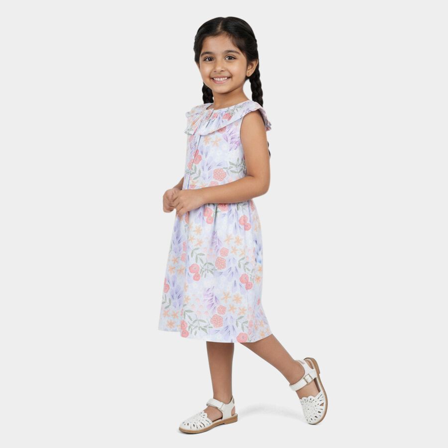 Girls' Pastel Blue Floral Print Sleeveless Cotton Frock, हल्का नीला, large