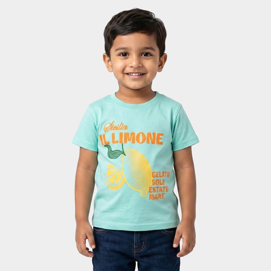 Boys Light Blue Cotton Round Neck Regular Boys T-Shirt, हल्का नीला, large