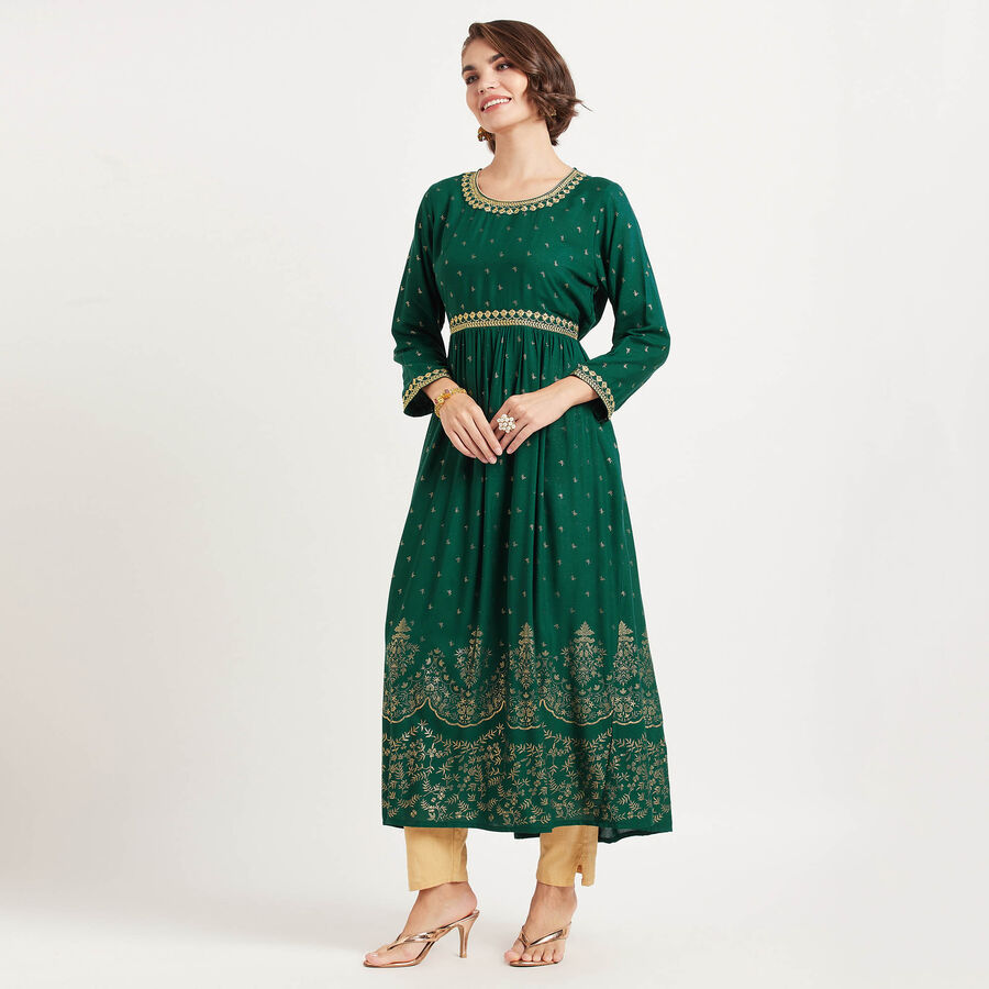 3/4Th Sleeves Flared Kurta, Dark Green, large image number null