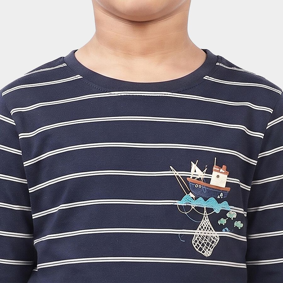 Boys Navy Blue Cotton Round Neck Striped Baba Suit, नेवी ब्लू, large