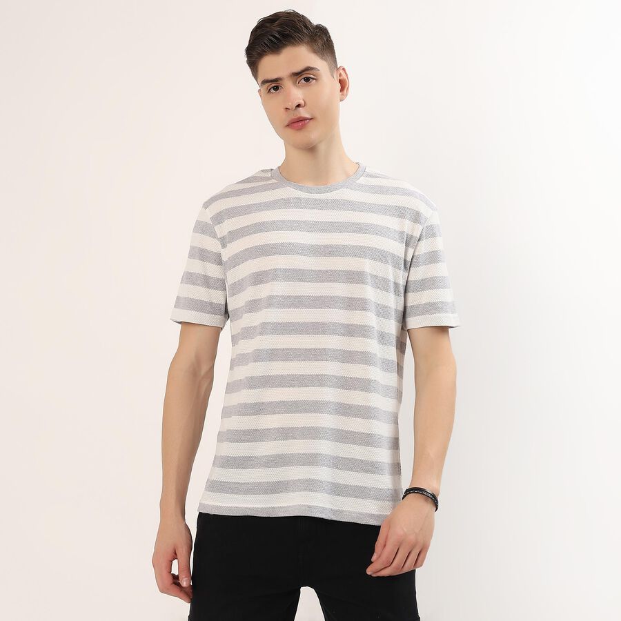 Men's Grey Round Neck Striped Casual T-Shirt, Light Grey, large