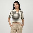 Women's Navy Blue Polo Neck Striped Crop Top, नेवी ब्लू, small