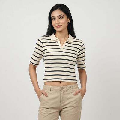Women's Navy Blue Polo Neck Striped Crop Top