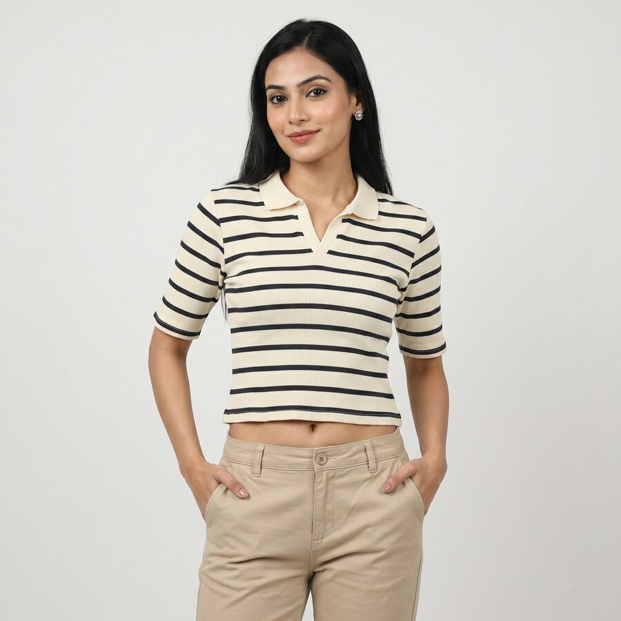 Women's Navy Blue Polo Neck Striped Crop Top, नेवी ब्लू, large