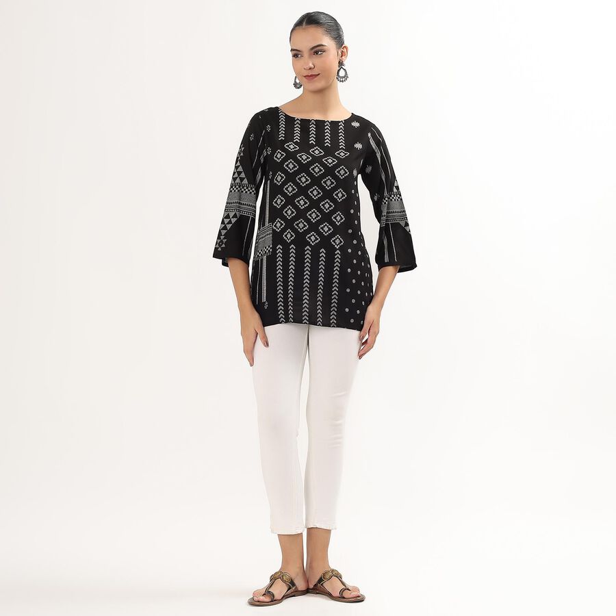 Women's Black Round Neck Printed Kurti, Black, large image number null