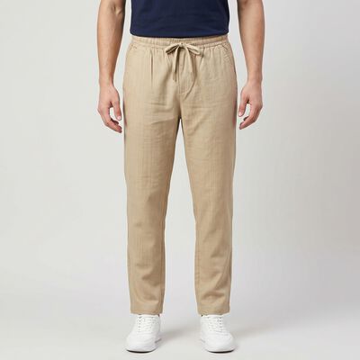 Men's Beige Slim Fit Drawstring Casual Trousers