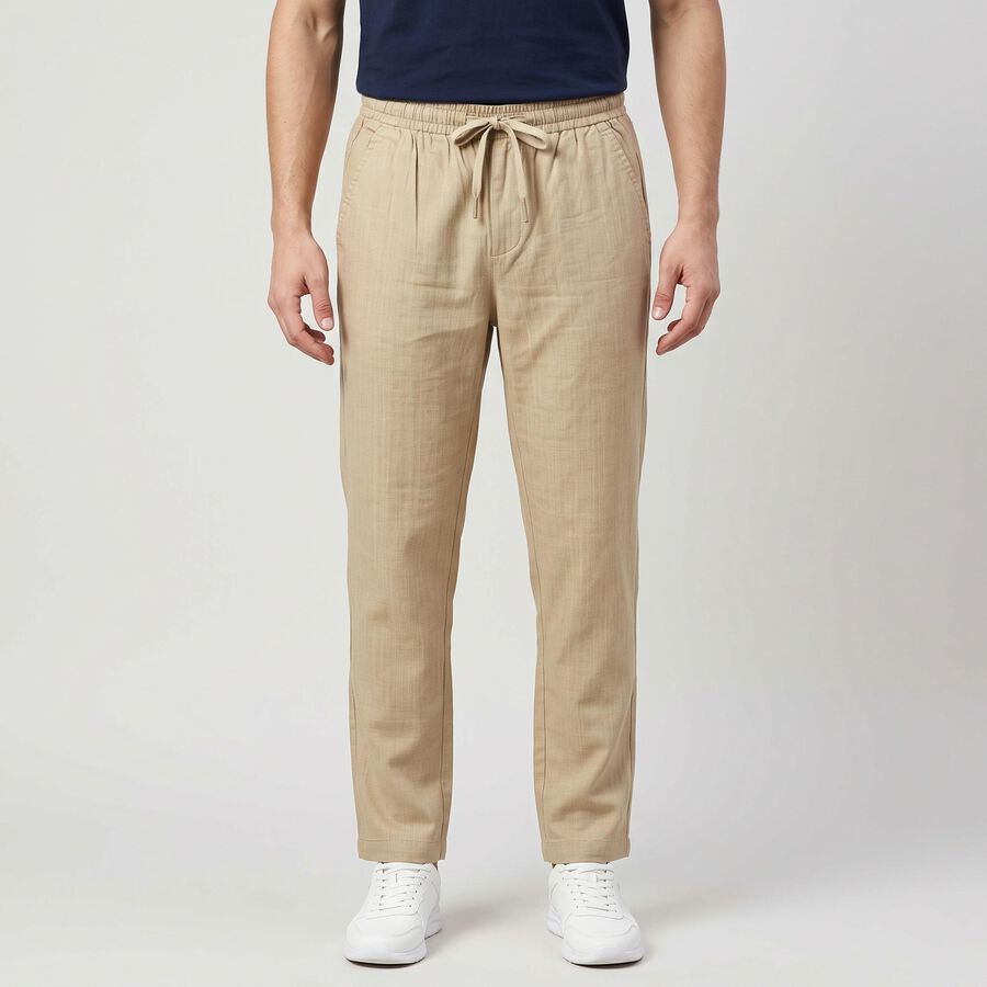 Men's Beige Slim Fit Drawstring Casual Trousers, खाकी, large