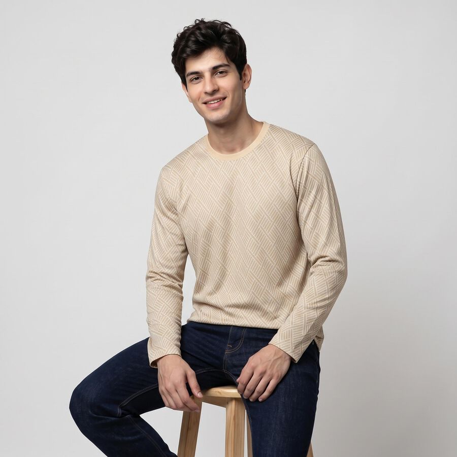 Men's Beige Round Neck Regular T-Shirt, गहरा पीला, large