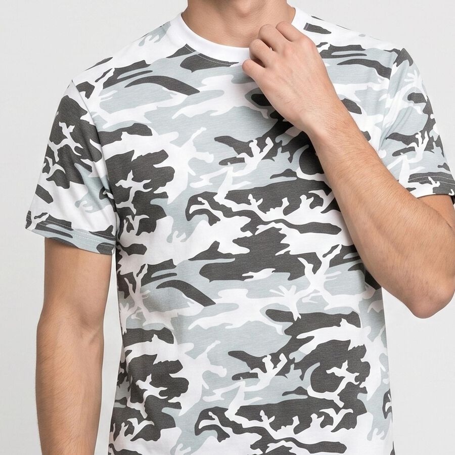 Men's White Cotton Round Neck Camouflage Regular T-Shirt, सफ़ेद, large