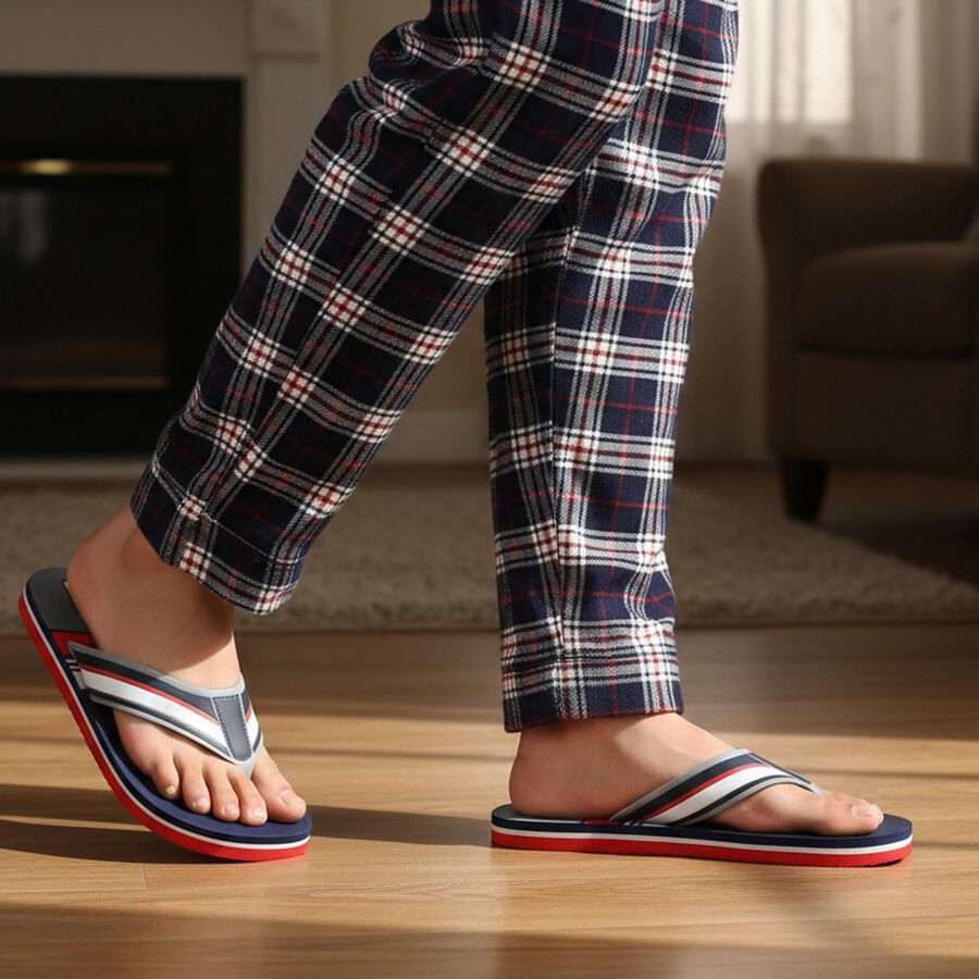 Men's Navy Blue Striped Thong Strap Flip-Flops, Navy Blue, large
