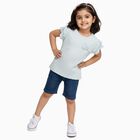 Girls' Light Blue Round Neck Casual Ruffle Sleeve T-Shirt, हल्का नीला, small