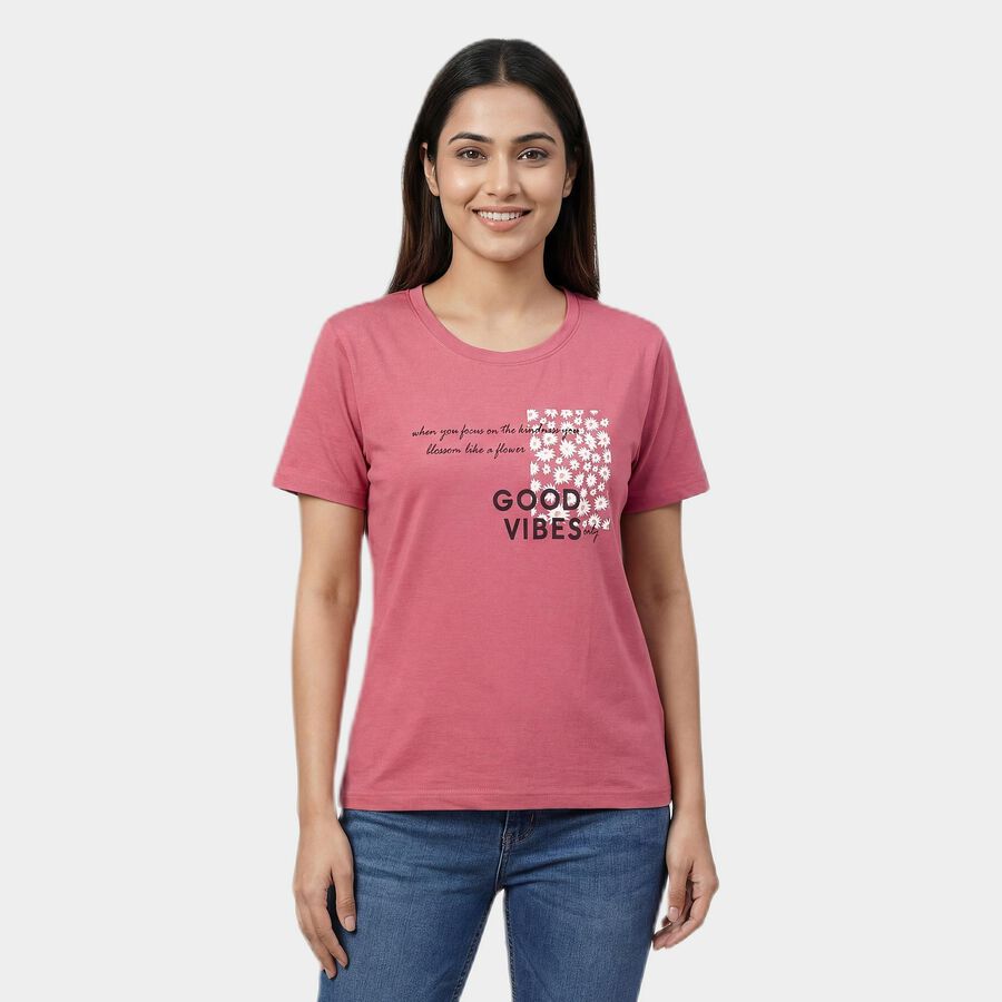 Women's Pink Round Neck Casual T-Shirt, Pink, large