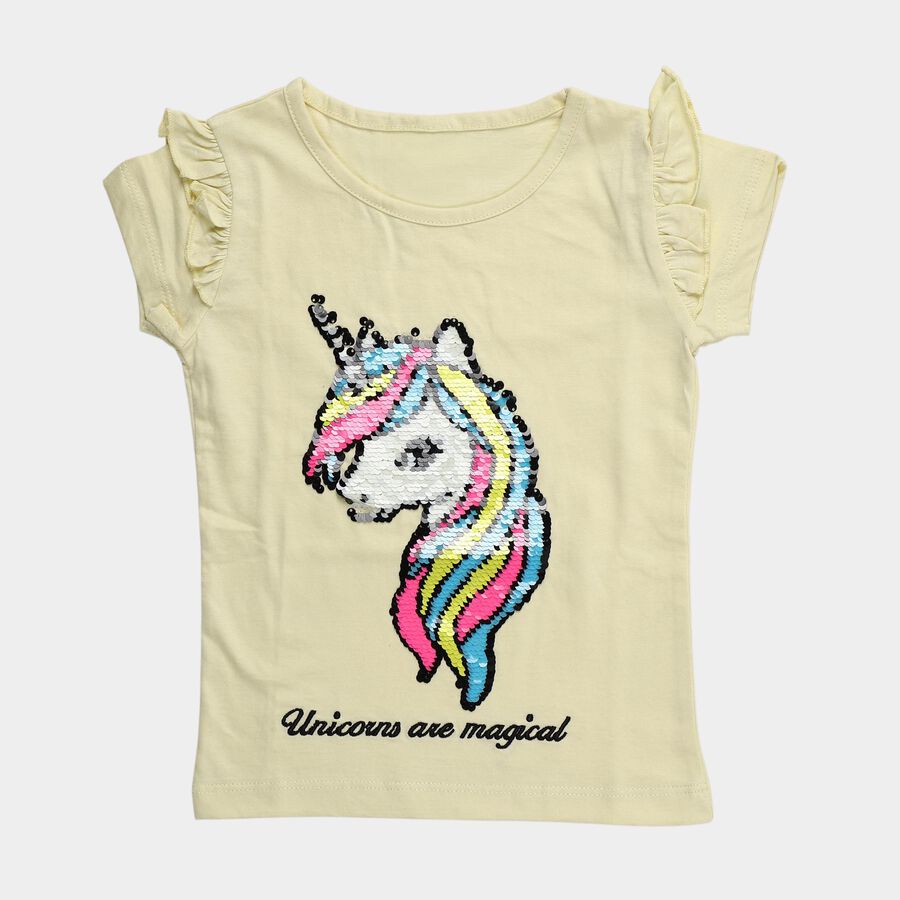 Girls Yellow Cotton Round Neck Casual T-Shirt, पीला, large