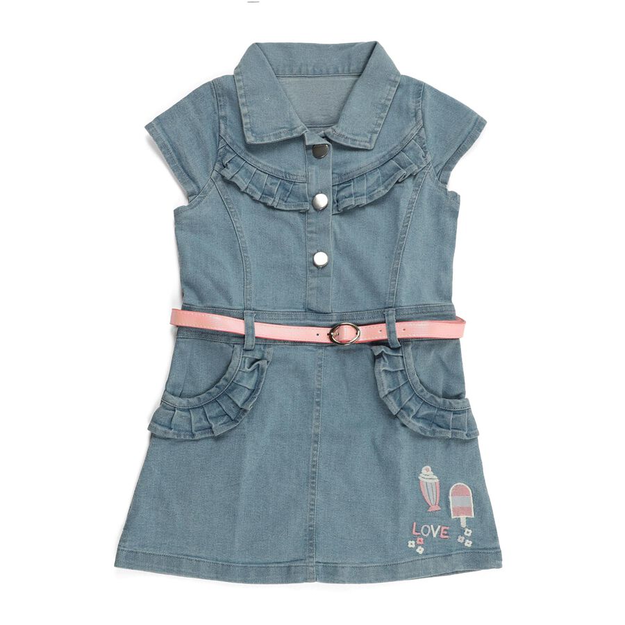 Girls' Light Denim Blue Ruffle Collared Casual Frock, Light Blue, large image number null