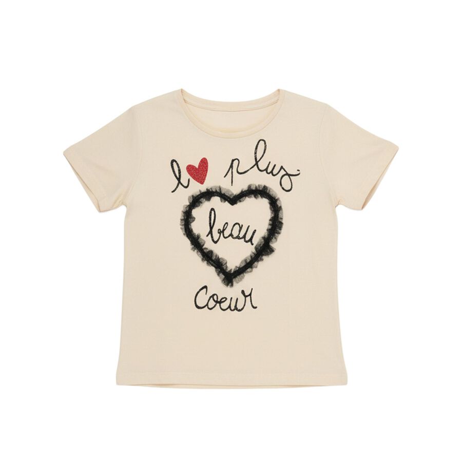 Girls' Beige Cotton Round Neck Graphic T-Shirt, Beige, large