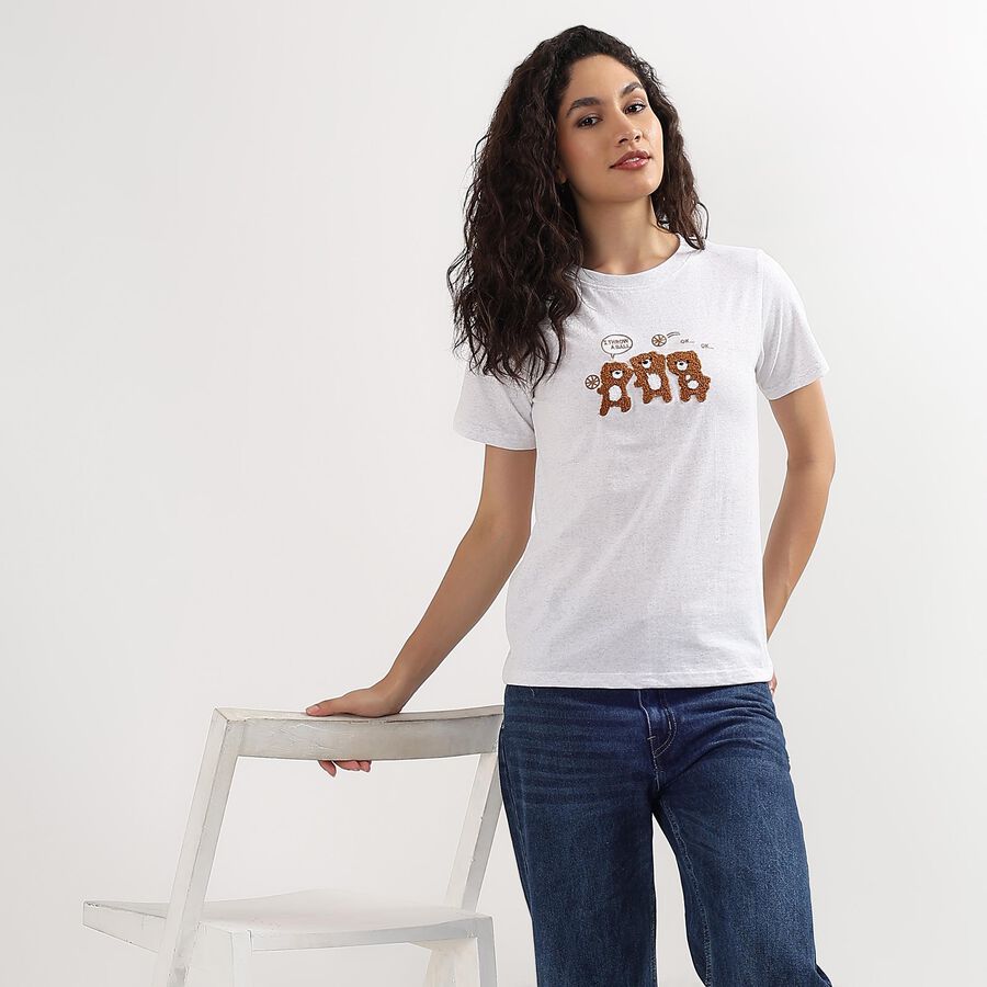Ladies' 100% Cotton Round Neck T-Shirt , Melange Light Grey, large image number null