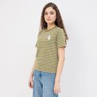 Women's Olive Green Cotton Round Neck Minimalist T-Shirt, Olive, small