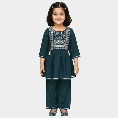 Girls' Deep Teal Embroidered Kurta and Pants Fusion Set