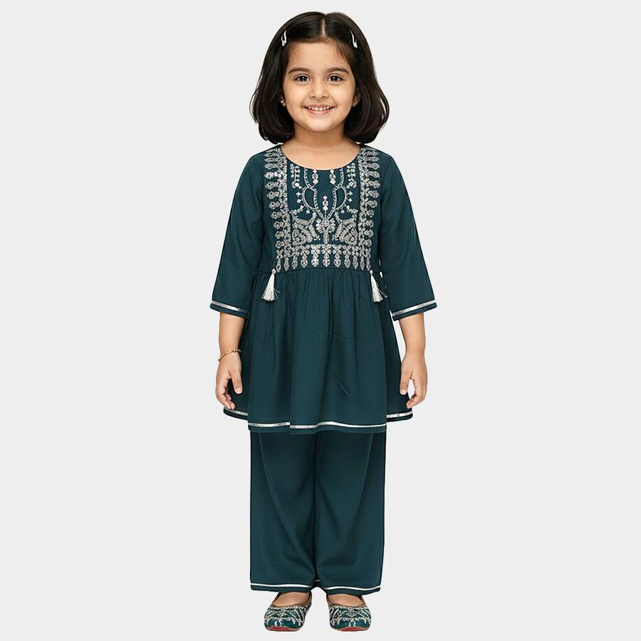 Girls' Deep Teal Embroidered Kurta and Pants Fusion Set, टील ब्लू, large image number null