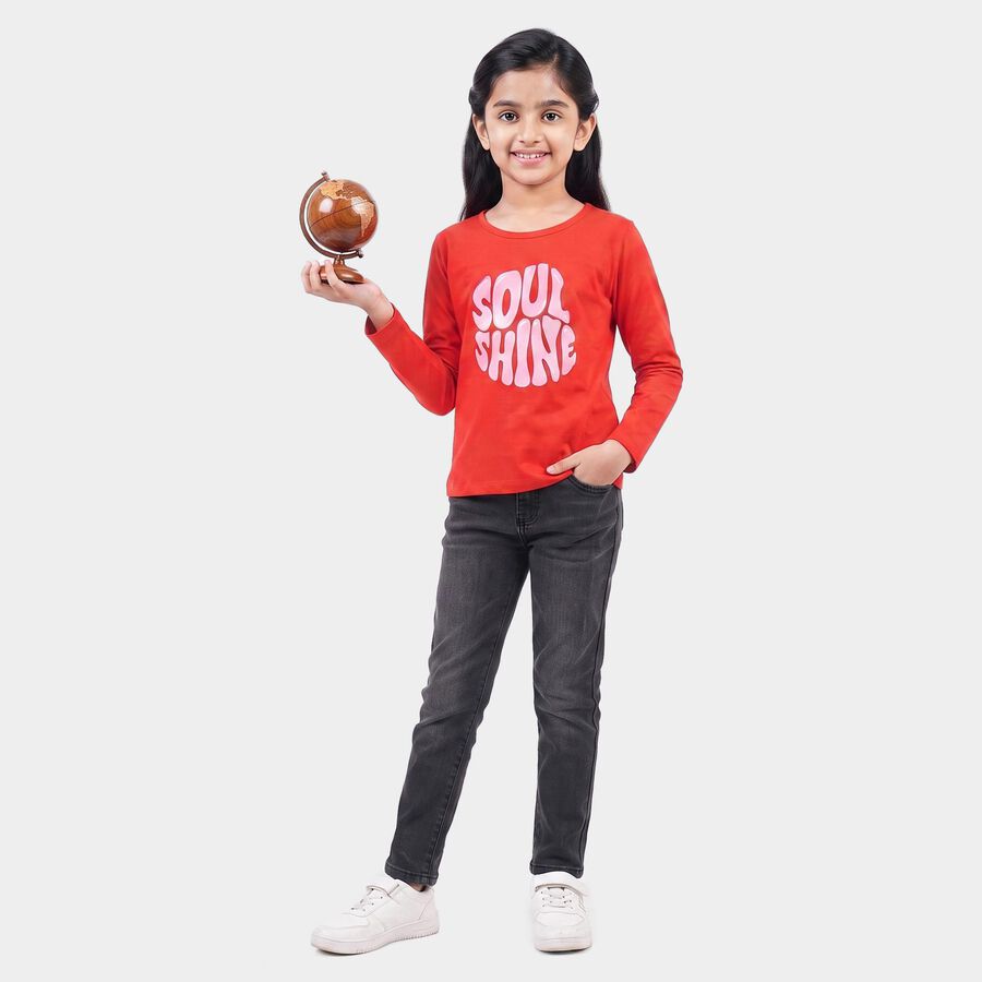Girls Red Round Neck Regular Top, Red, large