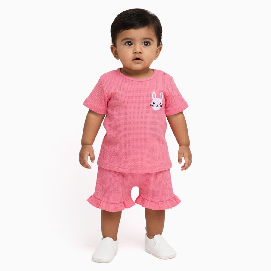 Infant Girls' Bright Pink Cotton Bunny Embroidered Top and Ruffle Shorts Set, Pink, large