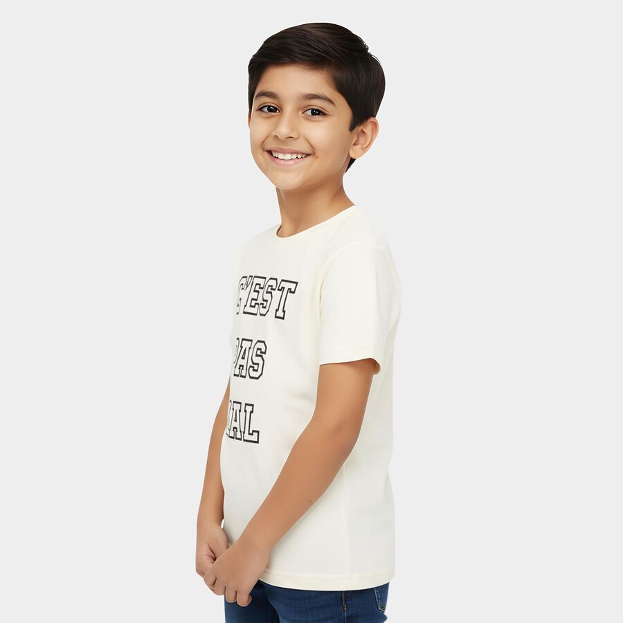 Boys' White Round Neck Casual T-Shirt, सफ़ेद, large