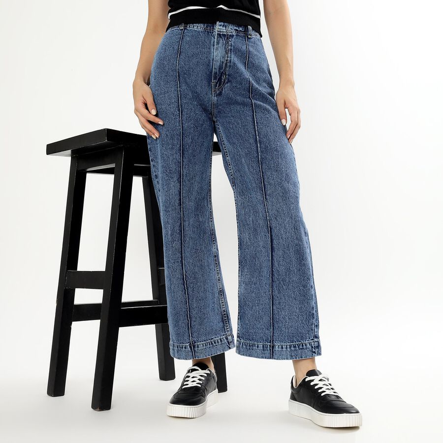 Women's Stonewashed Blue Wide-Leg High-Rise Jeans, मध्यम नीला, large image number null