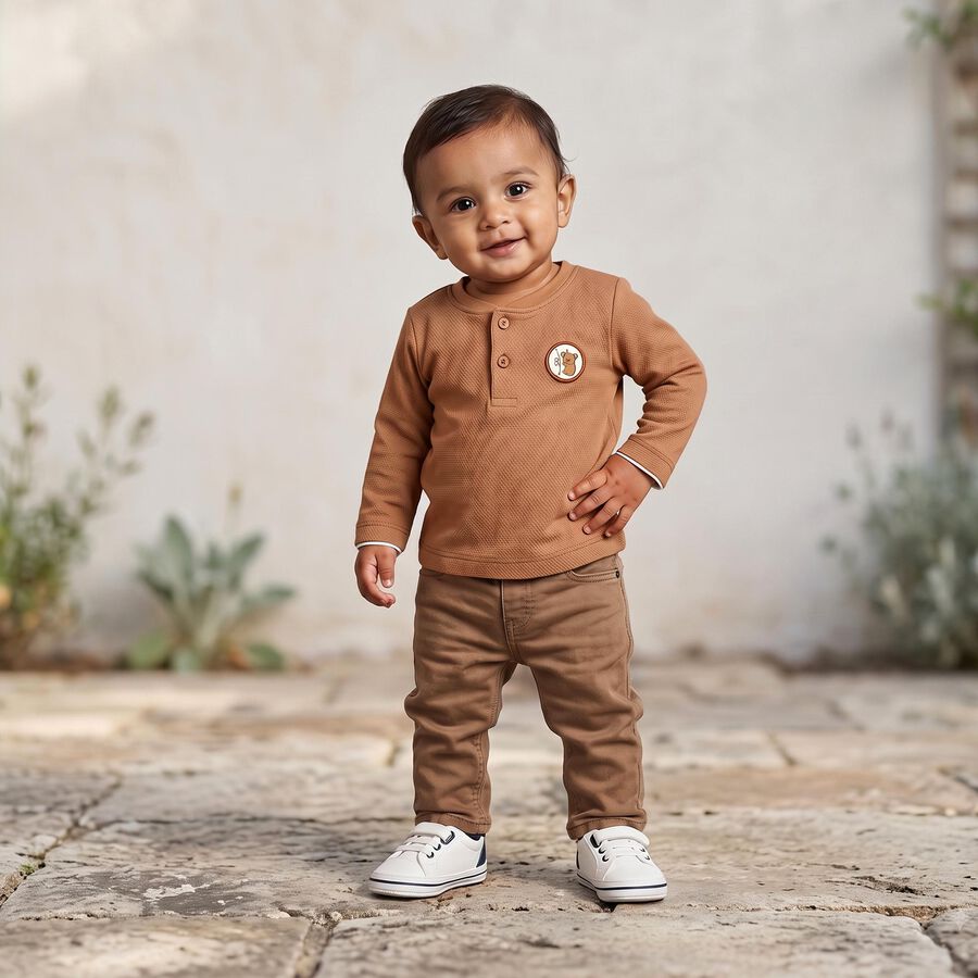 Infants Beige Cotton Round Neck Regular T-Shirt, Beige, large