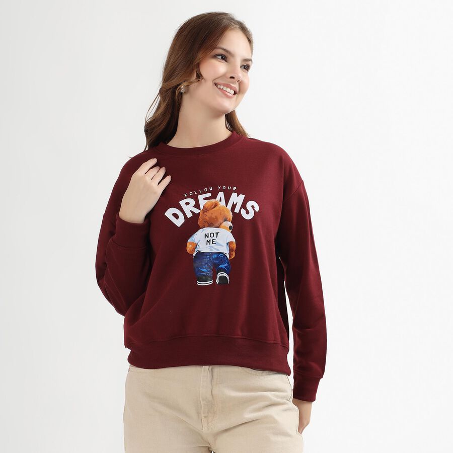 Women's Deep Burgundy Crew Neck Casual Sweatshirt, Wine, large image number null