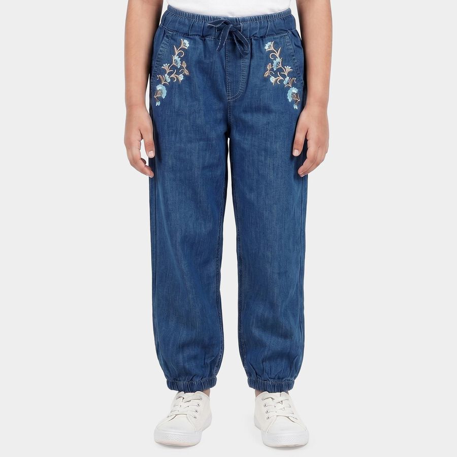 Girls' Blue Jogger Fit Embroidered Jeans, Light Blue, large