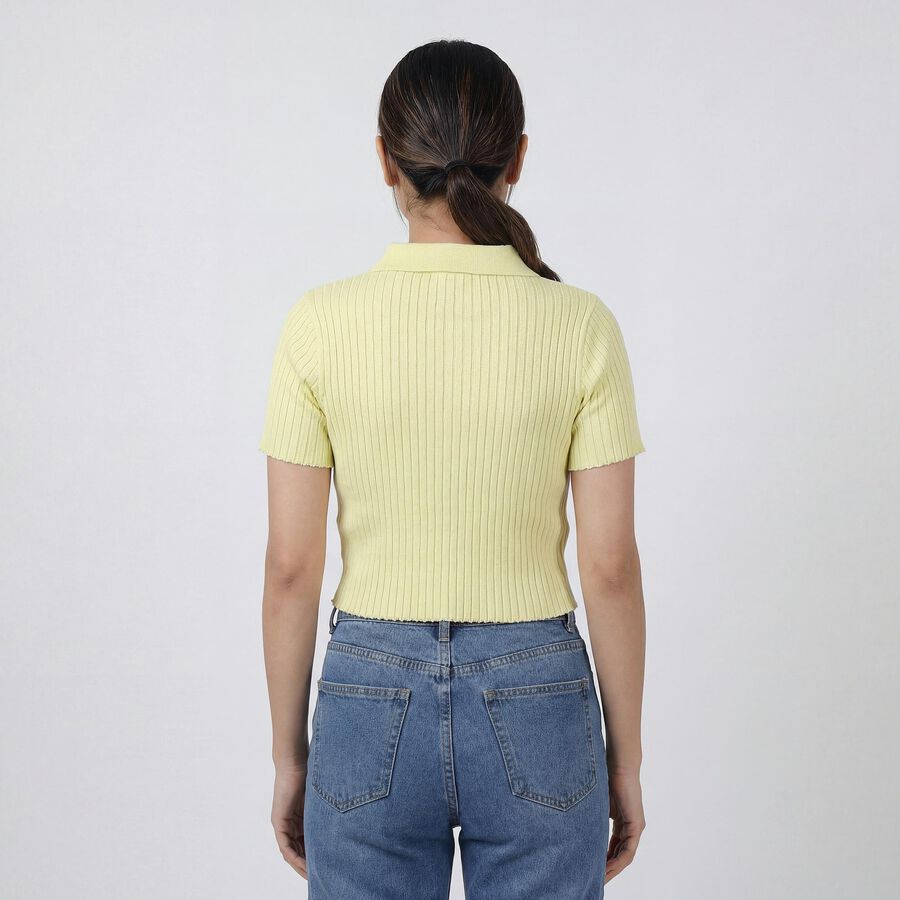 Women's Yellow Cotton Round Neck Casual Top, पीला, large