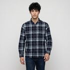 Men's Navy Blue Cotton Long Sleeve Spread Collar Casual Shirt, नेवी ब्लू, small