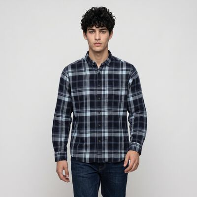 Men's Navy Blue Cotton Long Sleeve Spread Collar Casual Shirt