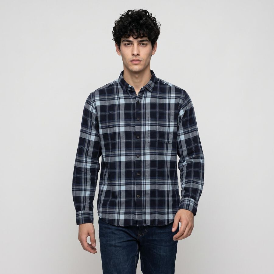 Men's Navy Blue Cotton Long Sleeve Spread Collar Casual Shirt, नेवी ब्लू, large