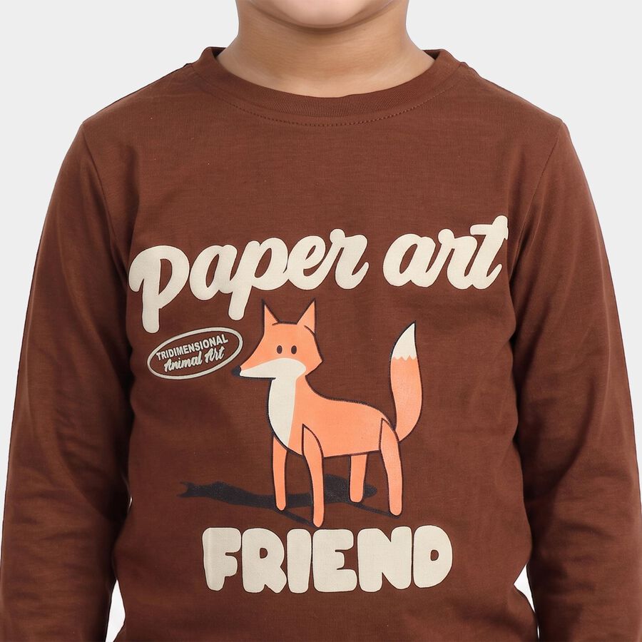 Boys Brown Cotton Blend Crew Neck Regular T-Shirt, Brown, large