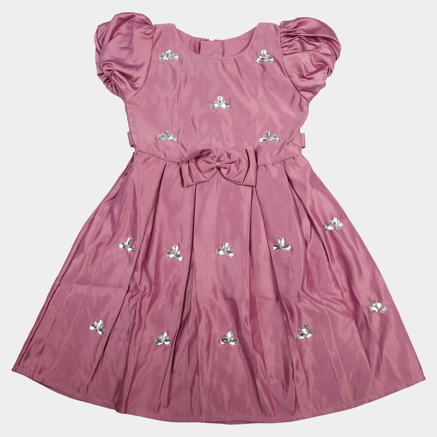 Girls' Pink Fit and Flare Embellished Bow Frock, गुलाबी, large