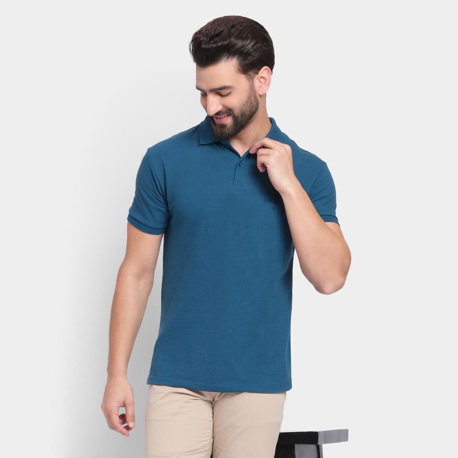 Men's Collared Half Sleeves T-Shirt, Teal Blue, large