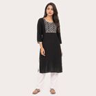 Women's Black Round Neck Embroidered Kurta, काला, small