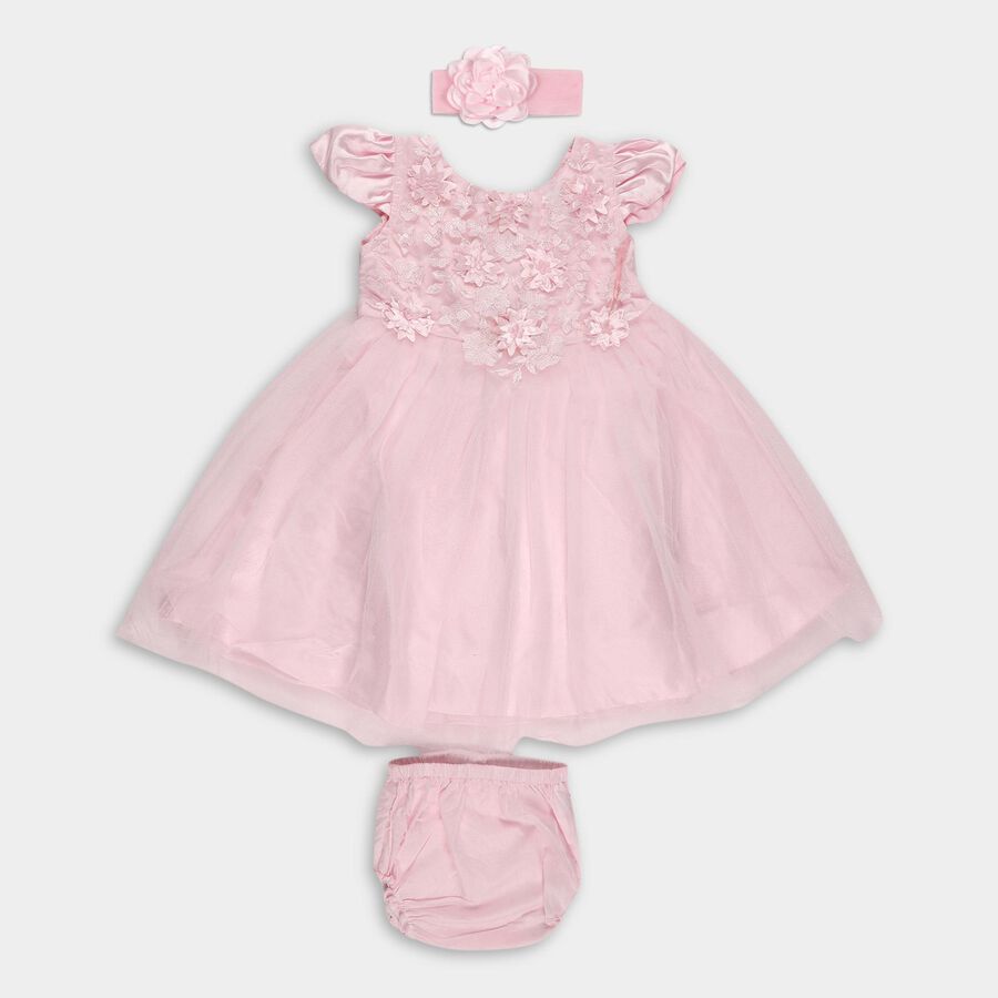 Infants' Soft Pink Layered Floral Party Frock with Headband, Light Pink, large image number null