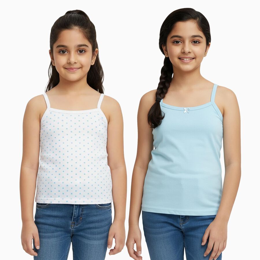 Girls' Soft Sky Blue and White Cotton Square Neck Sleeveless Vest, आइस ब्लू, large image number null
