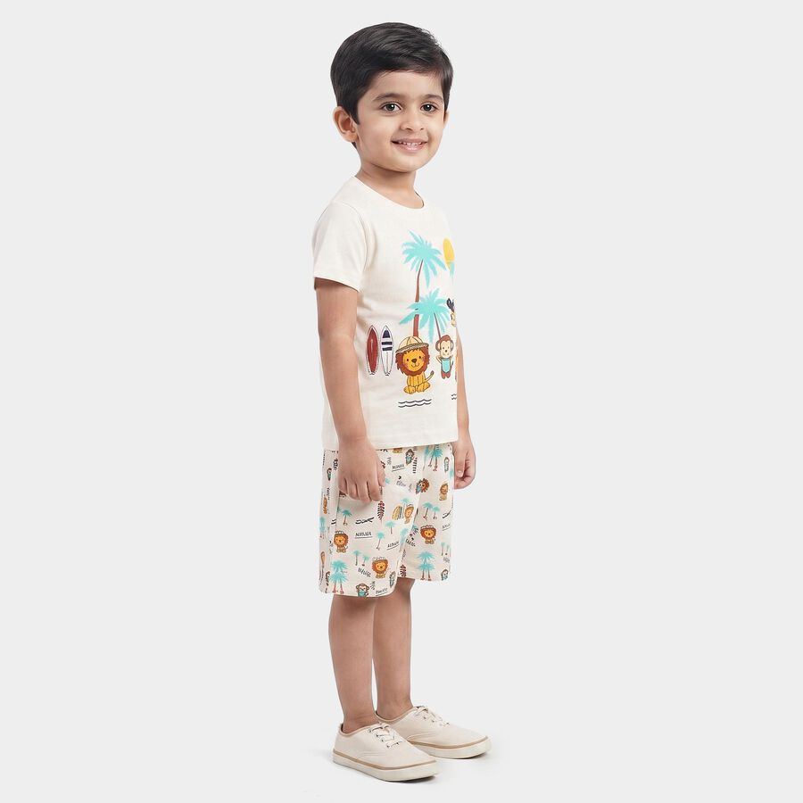 Boys' Off White 100% Cotton Round Neck Graphic Print Baba Suit, Off White, large