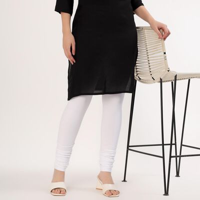 Women's Bright White Cotton Blend Elastic Waist Churidar