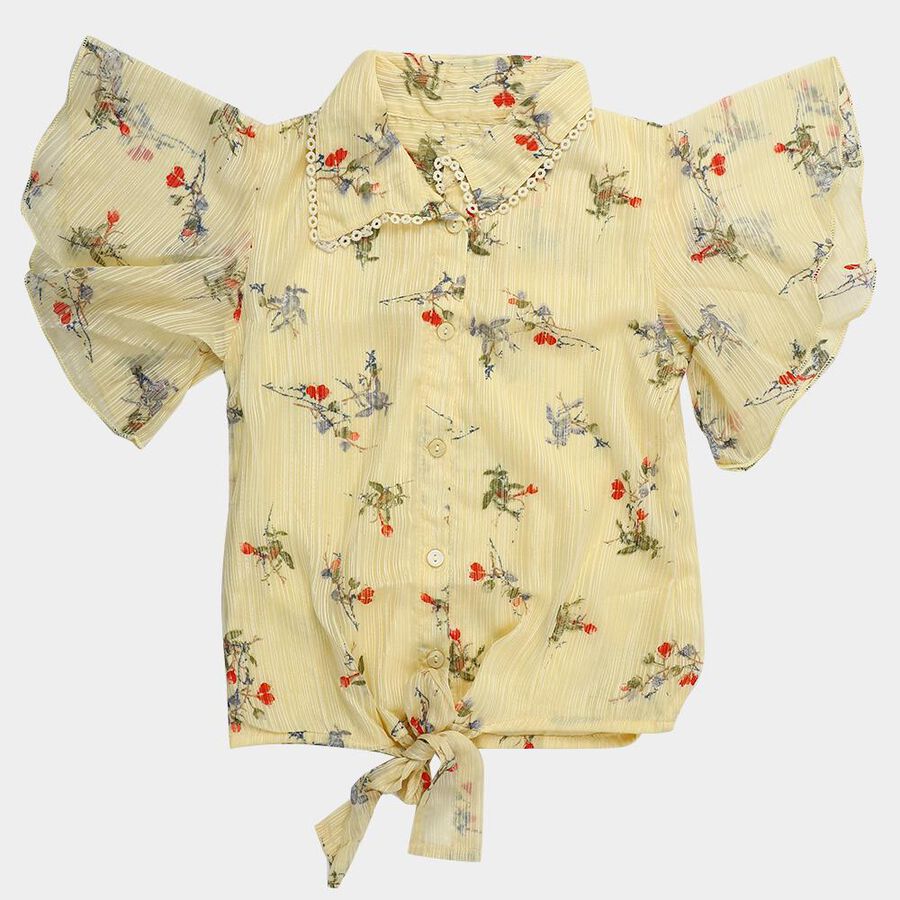 Girls' Bright Mustard Yellow Round Neck Casual T-Shirt, पीला, large