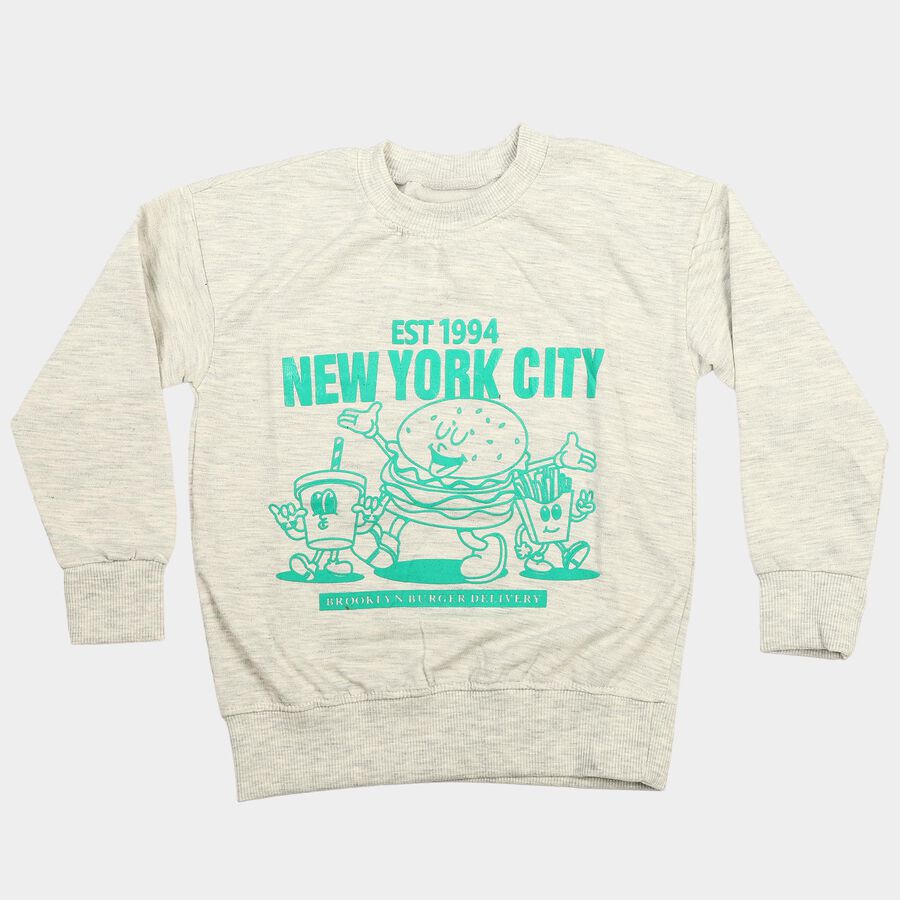 Boys Grey Crew Neck Graphic Print Sweatshirt, Melange Light Grey, large
