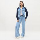 Women's Muted Sky Blue and Deep Navy Velvet Zipper Track Suit, मध्यम नीला, small image number null