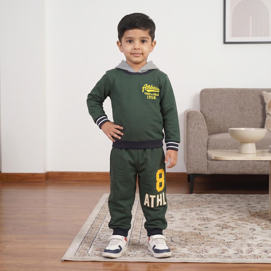 Boys Junior Green Hooded Graphic Print Baba Suit, Dark Green, large