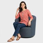 Women's Pink Round Neck Printed Straight Kurti, Pink, small